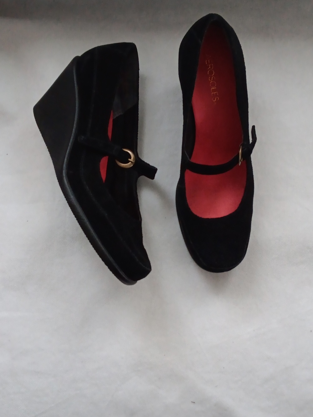 Aerosoles Womens 9.5M Suede Shoes Gather That Black Leather Wedge Maryjane